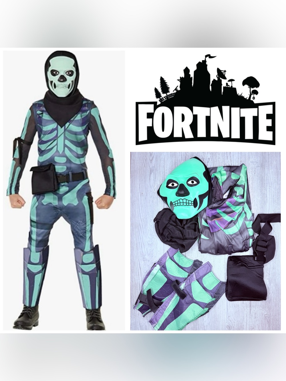 Fortnite Skull Trooper Green Glow Halloween Costume cosplay m 8-10 2022